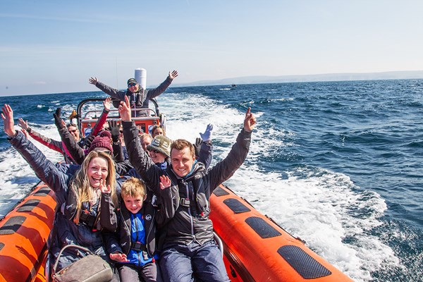 Families waving having fun on a Sealife Safari boat trip in Cornwall