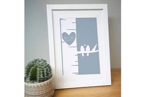 Personalised Grey Love Birds A4 Framed Print
