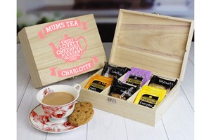 Wooden Tea Chest with Tea and Biscuits for Mum